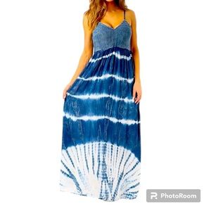 Riviera Sun Rayon Crepe Tie Dye Sleeveless Maxi Blue Crochet Small Festival Boho
